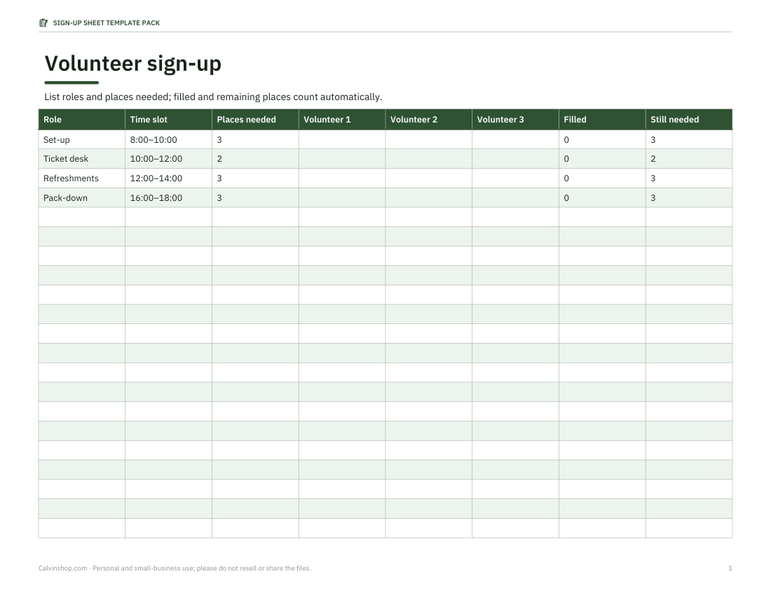 Preview of the first page of Volunteer sign-up (XLSX)