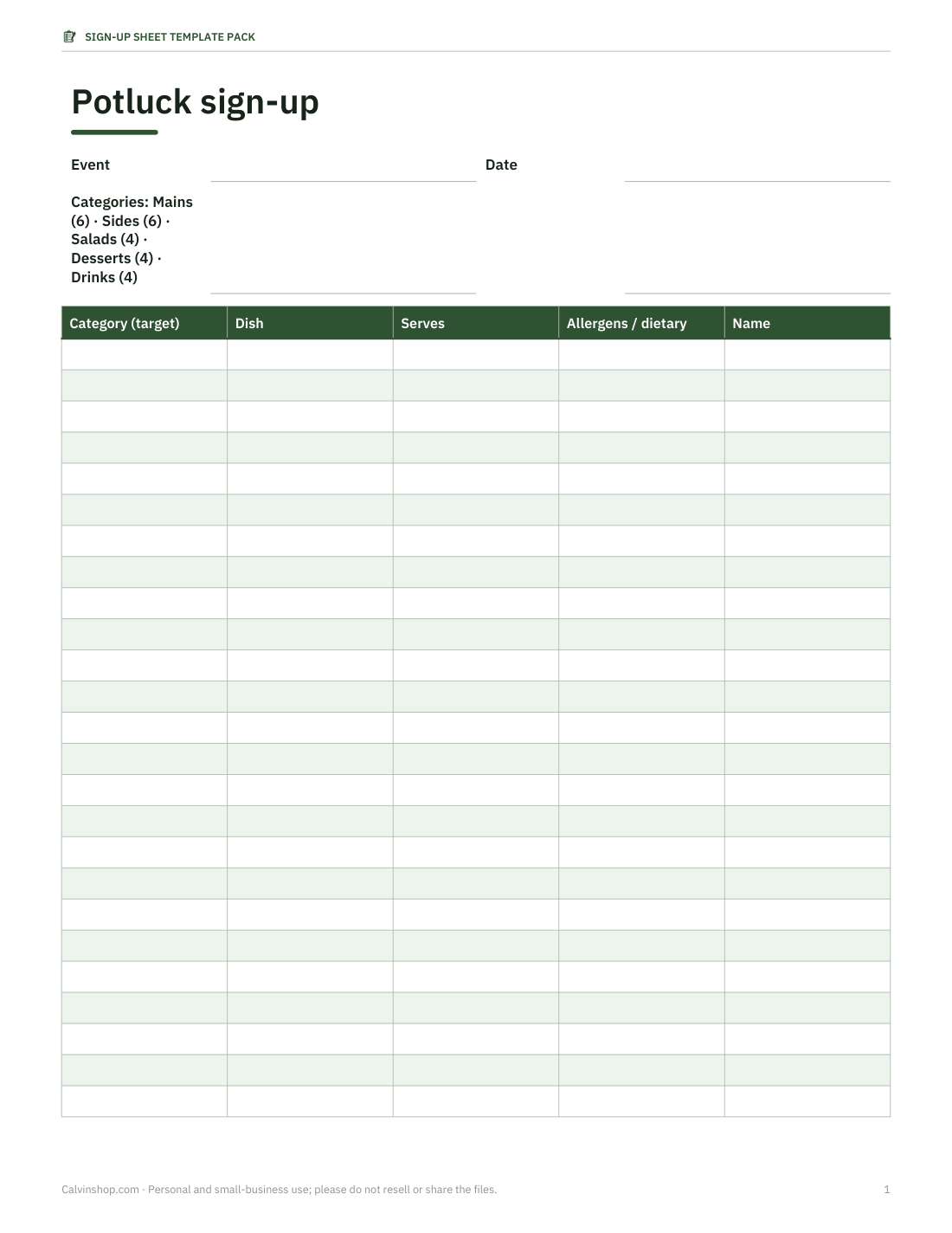 Preview of the first page of Potluck sign-up