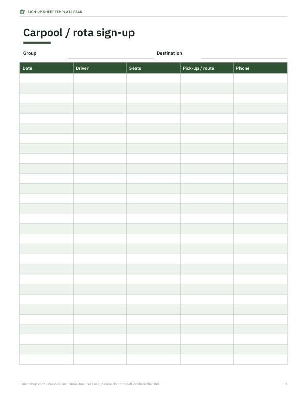 Preview of Printable Carpool Sign Up Sheet