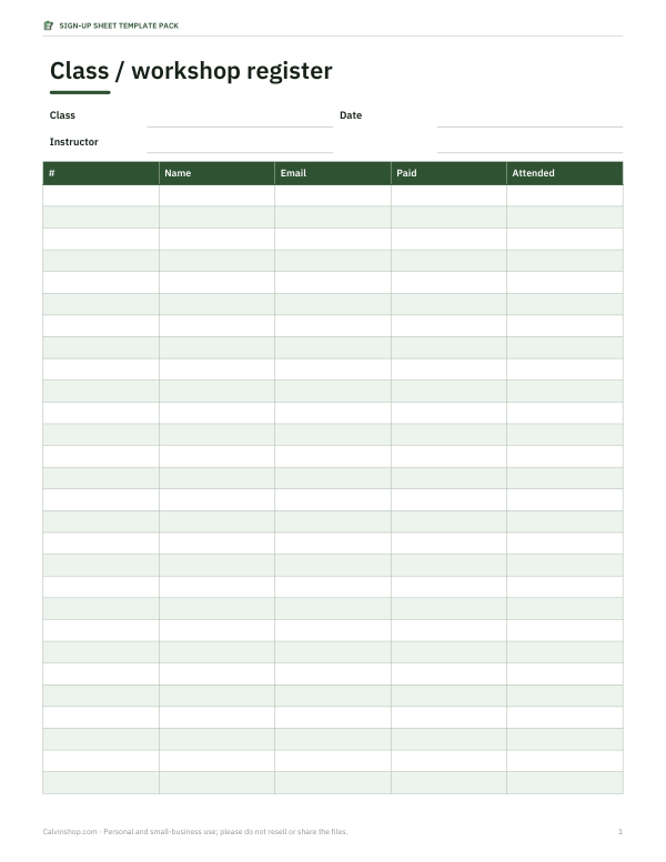 Preview of Printable Class Register Sheet