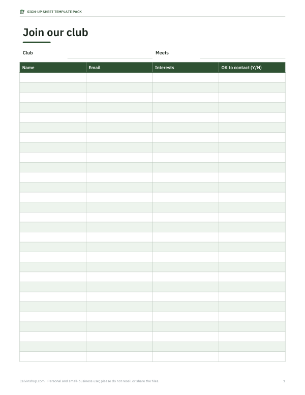 Preview of Printable Club Sign Up Sheet