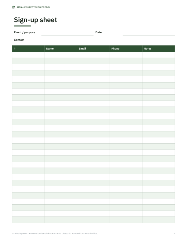 Preview of Printable General Sign-Up Sheet