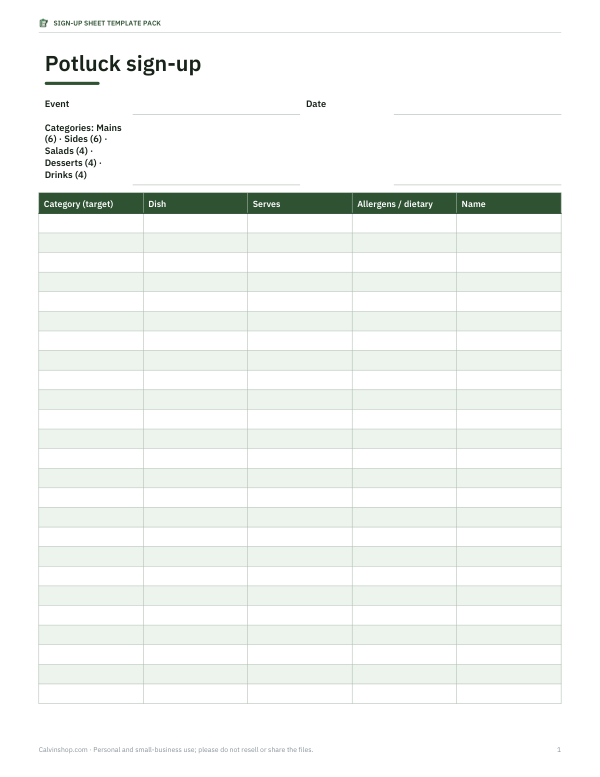 Preview of Printable Potluck Sign-Up Sheet