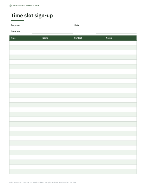 Preview of Printable Time Slot Sign Up Sheet