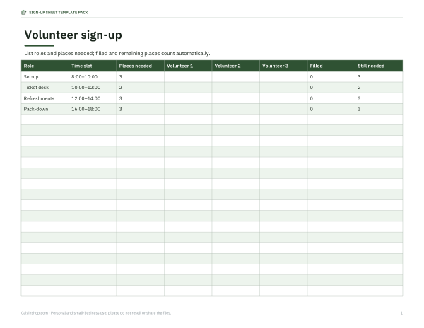 Preview of Volunteer Sign-Up Sheet Template